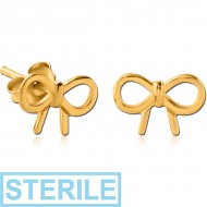 STERILE STERLING SILVER 925 GOLD PVD COATED EAR STUDS PAIR - BOW