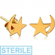 STERILE STERLING SILVER 925 GOLD PVD COATED EAR STUDS PAIR - START AND CRESCENT