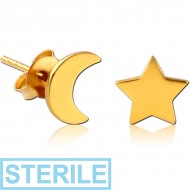 STERILE STERLING SILVER 925 GOLD PVD COATED EAR STUDS PAIR - 2D STAR CRESCENT