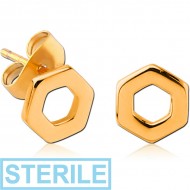 STERILE STERLING SILVER 925 GOLD PVD COATED EAR STUDS PAIR - HEXAGON