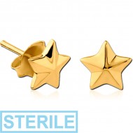 STERILE STERLING SILVER 925 GOLD PVD COATED EAR STUDS PAIR - NAUTICAL STAR