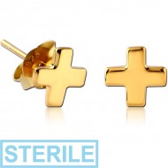 STERILE STERLING SILVER 925 GOLD PVD COATED EAR STUDS PAIR - CROSS