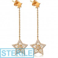 STERILE STERLING SILVER 925 GOLD PVD COATED JEWELLED EAR STUDS PAIR - STARS