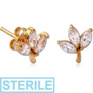 STERILE STERLING SILVER 925 GOLD PVD COATED JEWELLED EAR STUDS PAIR - LEAF