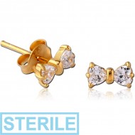 STERILE STERLING SILVER 925 GOLD PVD COATED JEWELLED EAR STUDS PAIR - BOW