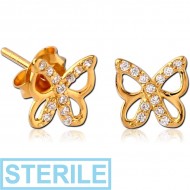 STERILE STERLING SILVER 925 GOLD PVD COATED JEWELLED EAR STUDS PAIR - BUTTERFLY