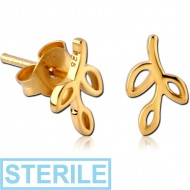 STERILE STERLING SILVER 925 GOLD PVD COATED EAR STUDS PAIR - LEAF