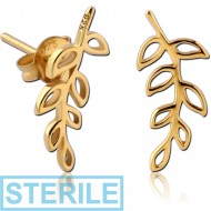 STERILE STERLING SILVER 925 GOLD PVD COATED EAR STUDS PAIR - LEAF