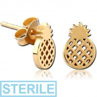 STERILE STERLING SILVER 925 GOLD PVD COATED EAR STUDS PAIR - PINEAPPLE