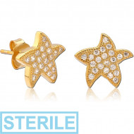 STERILE STERLING SILVER 925 GOLD PVD COATED JEWELLED EAR STUDS PAIR - STARFISH