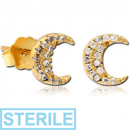 STERILE STERLING SILVER 925 GOLD PVD COATED JEWELLED EAR STUDS PAIR - CRESCENT