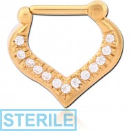 STERILE STERLING SILVER 925 GOLD PVD COATED JEWELLED HINGED SEPTUM CLICKER