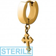 STERILE GOLD PVD COATED STAINLESS STEEL HUGGIES PAIR WITH DANGLING CROSS