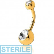 STERILE GOLD PVD COATED TITANIUM DOUBLE SWAROVSKI CRYSTAL JEWELLED NAVEL BANANA PIERCING