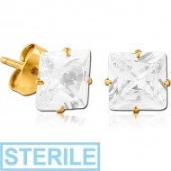 STERILE PAIR OF GOLD PVD COATED TITANIUM SQUARE PRONG SET JEWELLED EAR STUDS