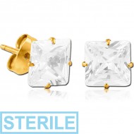 STERILE PAIR OF GOLD PVD COATED TITANIUM SQUARE PRONG SET JEWELLED EAR STUDS