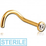 STERILE GOLD PVD COATED TITANIUM HIGH END CRYSTAL JEWELLED CURVED NOSE STUD