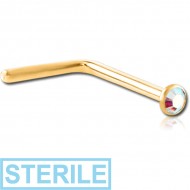 STERILE GOLD PVD COATED TITANIUM HIGH END CRYSTAL JEWELLED 90 DEGREE NOSE STUD