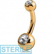 STERILE GOLD PVD COATED TITANIUM DOUBLE HIGH END CRYSTAL JEWELLED MINI NAVEL BANANA