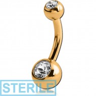 STERILE GOLD PVD COATED TITANIUM DOUBLE HIGH END CRYSTAL JEWELLED MINI NAVEL BANANA