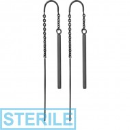 STERILE HEMETITE PVD COATED SURGICAL STEEL CHAIN EARRINGS PAIR - HANGING BARS