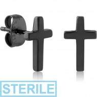 STERILE HEMETITE PVD COATED SURGICAL STEEL EAR STUDS PAIR - CROSS