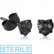 STERILE HEMETITE PVD COATED SURGICAL STEEL HEART PRONG SET JEWELLED EAR STUDS PAIR PIERCING