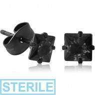 STERILE HEMETITE PVD COATED SURGICAL STEEL SQUARE PRONG SET JEWELLED EAR STUDS PAIR PIERCING