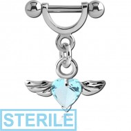STERILE SURGICAL STEEL HELIX SHIELD WITH RHODIUM PLATED JEWELLED WING HEART CHARM PIERCING