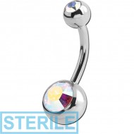 STERILE SURGICAL STEEL INTERNALLY THREADED DOUBLE SWAROVSKI CRYSTAL JEWELLED NAVEL BANANA PIERCING