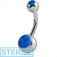 STERILE SURGICAL STEEL INTERNALLY THREADED DOUBLE JEWELLED NAVEL BANANA WITH SYNTHETIC OPAL PIERCING