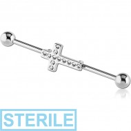STERILE SURGICAL STEEL INDUSTRIAL BARBELL WITH JEWELLED CROSS PIERCING