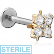 STERILE 14K GOLD JEWELLED ATTACHMENT WITH SURGICAL STEEL INTERNALLY THREADED MICRO LABRET PIN -FLOWER