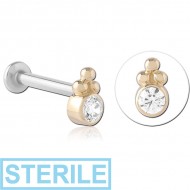 STERILE 14K GOLD JEWELLED ATTACHMENT WITH SURGICAL STEEL INTERNALLY THREADED MICRO LABRET PIN