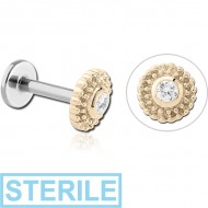 STERILE 14K GOLD JEWELLED ATTACHMENT WITH SURGICAL STEEL INTERNALLY THREADED MICRO LABRET PIN