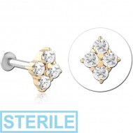 STERILE 14K GOLD JEWELLED ATTACHMENT WITH SURGICAL STEEL INTERNALLY THREADED MICRO LABRET PIN