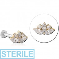 STERILE 14K GOLD JEWELLED ATTACHMENT WITH SURGICAL STEEL INTERNALLY THREADED MICRO LABRET PIN