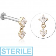 STERILE 14K GOLD JEWELLED ATTACHMENT WITH SURGICAL STEEL INTERNALLY THREADED MICRO LABRET PIN