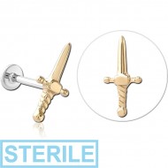 STERILE 14K GOLD ATTACHMENT WITH SURGICAL STEEL INTERNALLY THREADED MICRO LABRET PIN