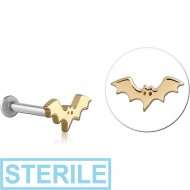 STERILE 14K GOLD ATTACHMENT WITH SURGICAL STEEL INTERNALLY THREADED MICRO LABRET PIN - BAT LEFT