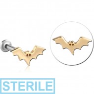 STERILE 14K GOLD ATTACHMENT WITH SURGICAL STEEL INTERNALLY THREADED MICRO LABRET PIN - BAT RIGHT