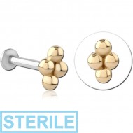 STERILE 14K GOLD ATTACHMENT WITH SURGICAL STEEL INTERNALLY THREADED MICRO LABRET PIN