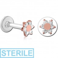 STERILE 14K ROSE GOLD JEWELLED ATTACHMENT WITH SURGICAL STEEL INTERNALLY THREADED MICRO LABRET PIN -FLOWER