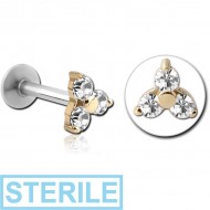 STERILE 18K GOLD JEWELLED ATTACHMENT WITH SURGICAL STEEL INTERNALLY THREADED MICRO LABRET PIN