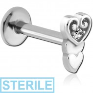 STERILE SURGICAL STEEL INTERNALLY THREADED JEWELLED MICRO LABRET - HEART PIERCING