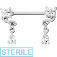 STERILE SURGICAL STEEL NIPPLE PIERCING INTERNAL THREADED BAR WITH MOVING CHARM FINE JEWELLED PIERCING
