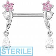 STERILE SURGICAL STEEL NIPPLE PIERCING INTERNAL THREADED BAR WITH MOVING CHARM FINE JEWELLED PIERCING