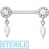 STERILE SURGICAL STEEL NIPPLE PIERCING INTERNAL THREADED BAR WITH MOVING CHARM FINE JEWELLED PIERCING