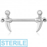 STERILE SURGICAL STEEL NIPPLE PIERCING INTERNAL THREADED BAR WITH CHARM JEWELLED