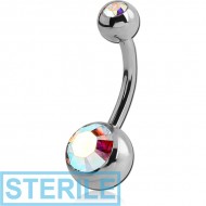 STERILE SURGICAL STEEL INTERNALLY THREADED DOUBLE JEWELLED MINI NAVEL BANANA PIERCING